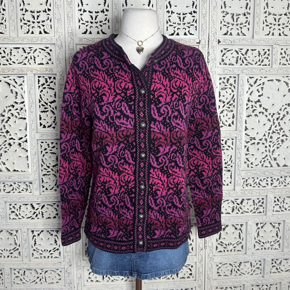 Vtg Nomadic Traders Pink & Purple Artsy Colorful Chunky Grannycore Cardigan Sz S